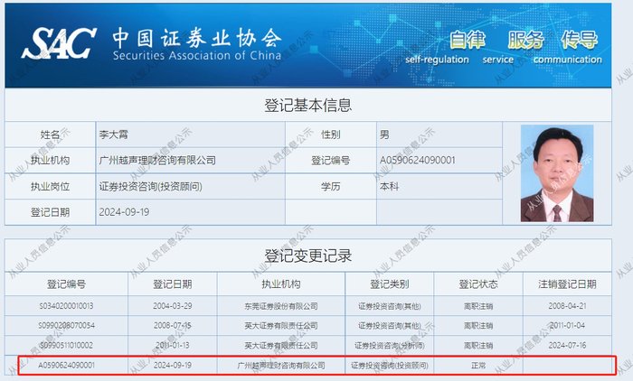 网红李大霄再就业，入职越声理财当投顾