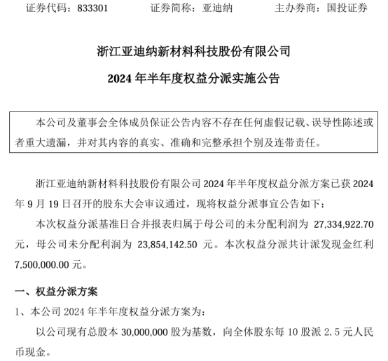 亚迪纳2024年半年度权益分派每10股派现2.5元 共计派发现金红利750万