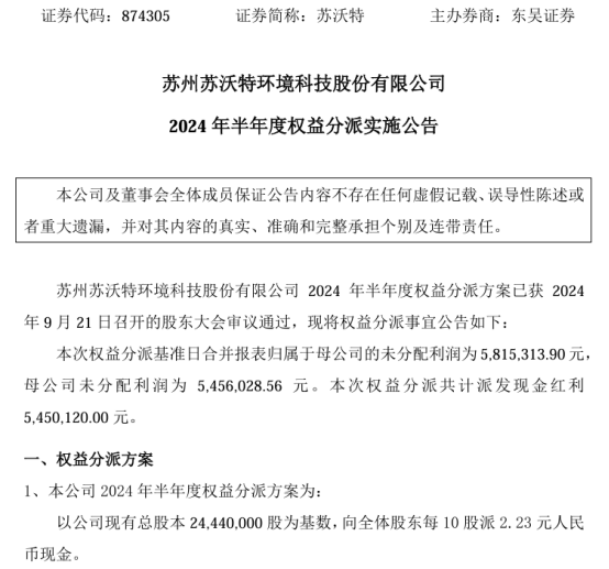 苏沃特2024年半年度权益分派每10股派现2.23元 共计派发现金红利545.01万